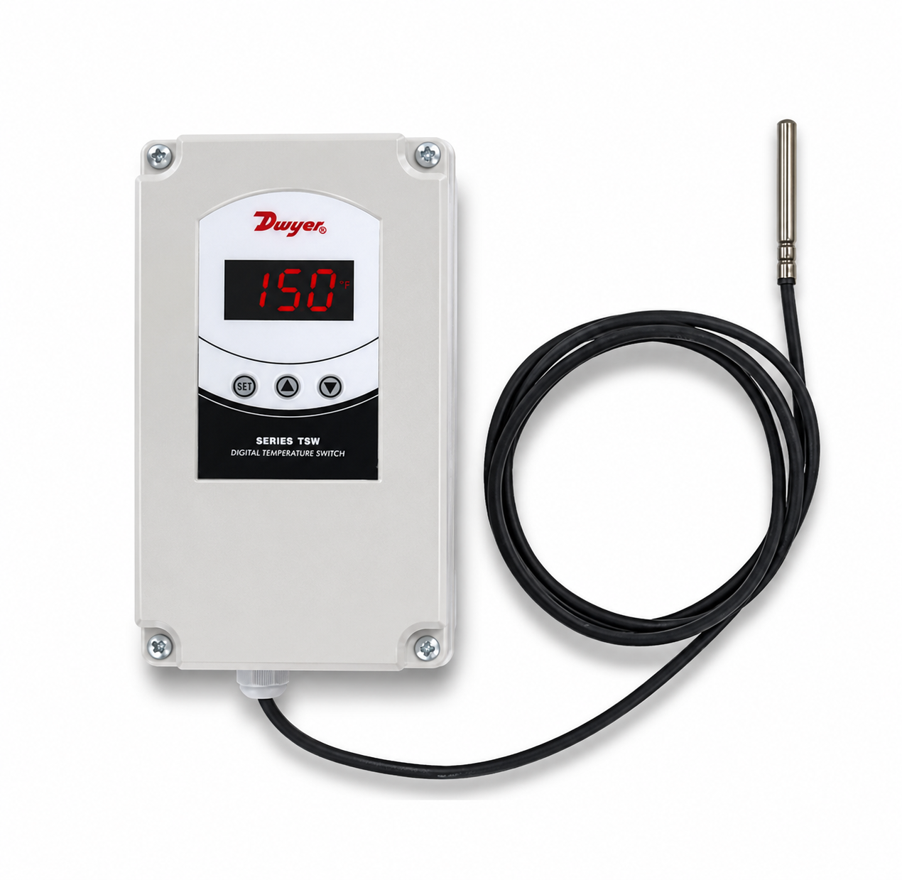 TSW-150 is a series TSW weather proof digital temperature switch combines the trusted, reliable TS family of temperature controls and an installation friendly weatherproof enclosure. The bright, easy-to-read LED display shows the current output status and the temperature measurement. Typical applications include chillers, walk in cooler, wood boilers and brewing systems.
